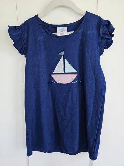 Flutter Pima Tee in Navy with Sailboat Applique, SIZE 8