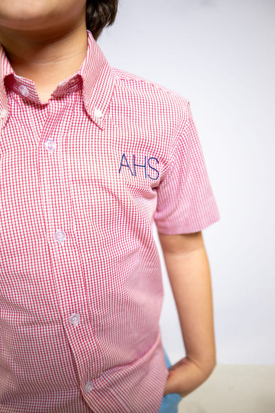 Hammond Top in Red Windowpane w/ "AHS" monogram, SIZE 6