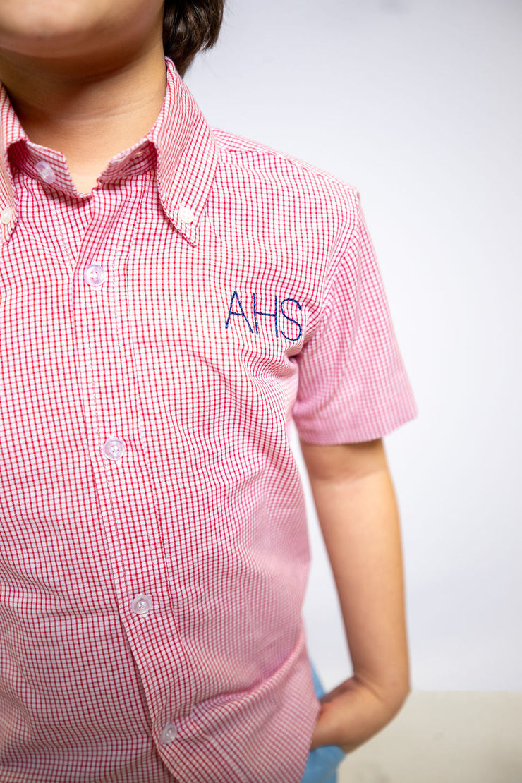 Hammond Top in Red Windowpane w/ "AHS" monogram, SIZE 6