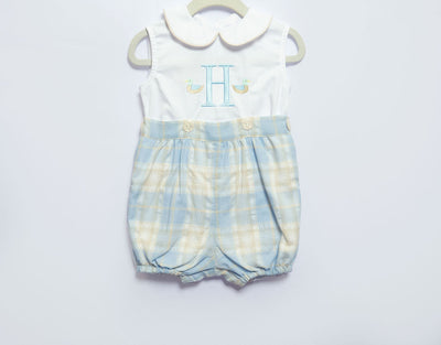 Luke Button On in Simons Plaid Seersucker w/ "H", SIZE 6M