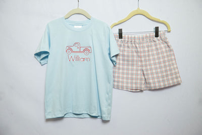 Boy Pima Tee in Blue with Vintage Truck Embroidery w/ "William", SIZE 6