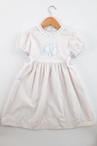 Mae Dress in Big Pink Dot (#65) with Blue Pique (#40) and White Lace (Trim A), Size 6 ***NO EMBROIDERY***