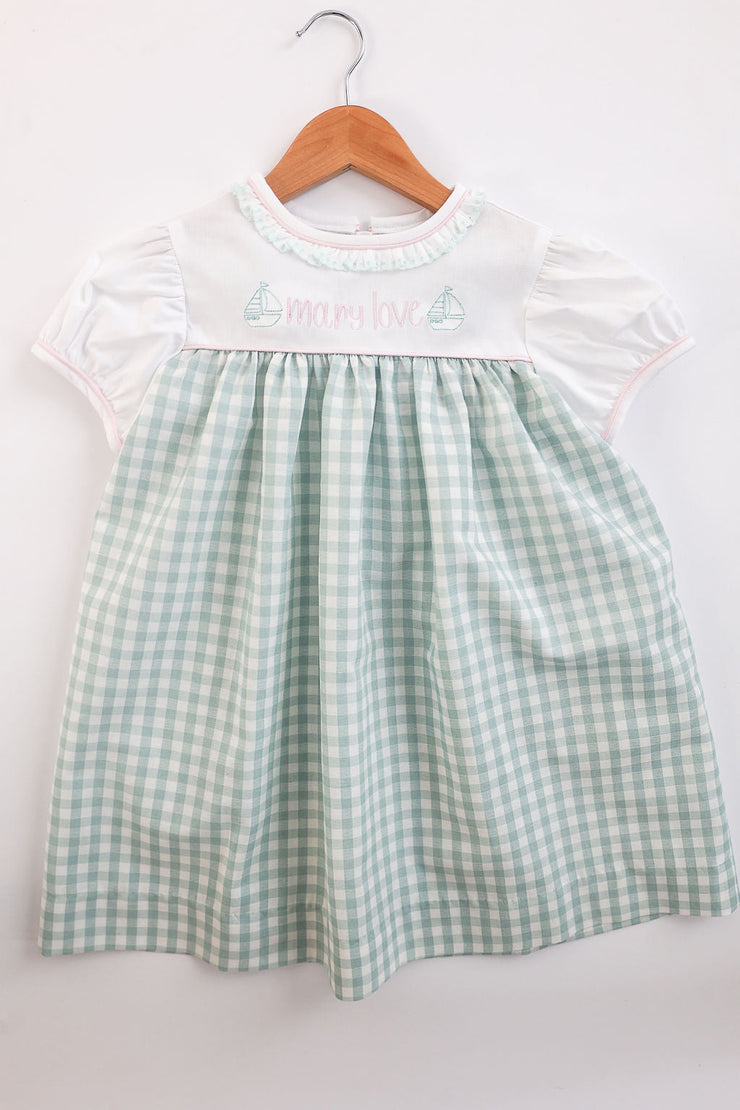 Sadie Dress in Aqua Check Linen (#24) with White Pique (#37), Pink Pique (#39) and Aqua Lace (Trim H), Size 5 ***NO EMBROIDERY***