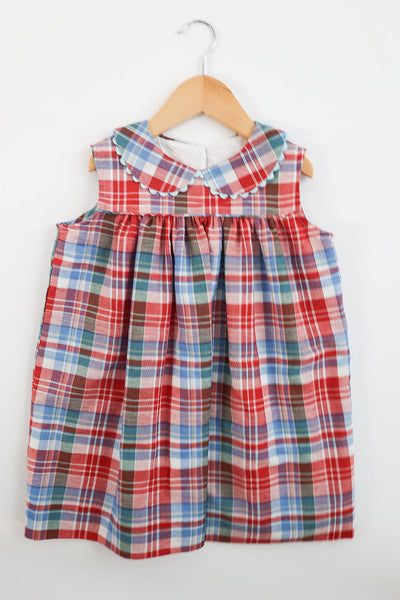 Libby Dress in Barrett Square Plaid (#38) with Blue Ric Rac (Trim K), Size 4t