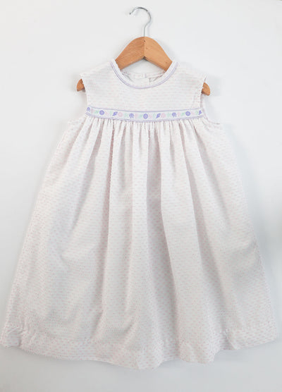 Brigitte Ribbon Dress in Pink Swiss Dot (#66) with Lilac Birdseye (#34) and Pink Shell Ribbon (Trim R4), Lined, Size 6