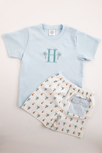Boy Pima Tee in Blue with Palm Initial Embroidery, Size 6