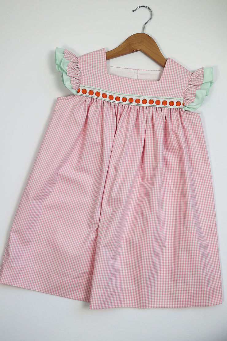 Double Flutter Ribbon Dress in Pink Check Oxford, SIZE 5