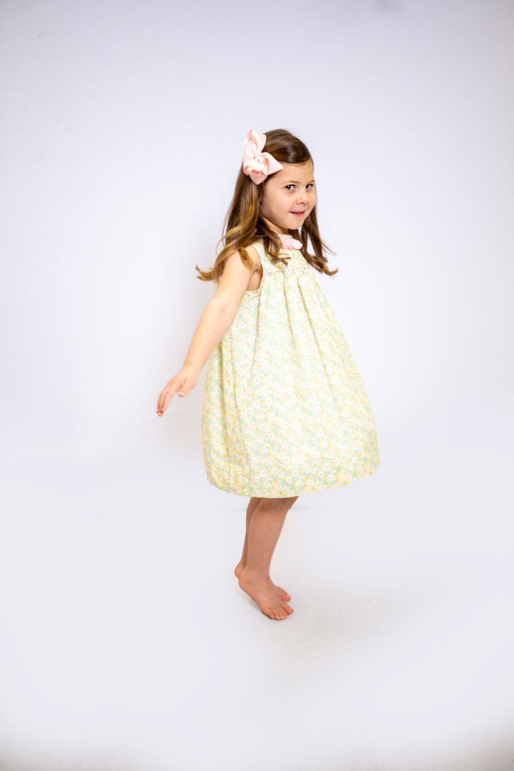Samantha Dress in Yellow Liberty (#47) with Pink Pique (#33), Lined