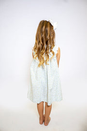 Christine Dress in Blue Floral (#50) with Blue Gingham (#4) and Small White Lace (Trim B)