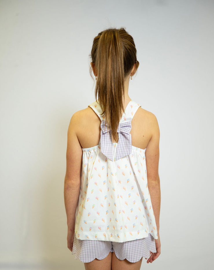 Bow Back Top in Ice Cream Cones (#71) with Lavender Check (#8)