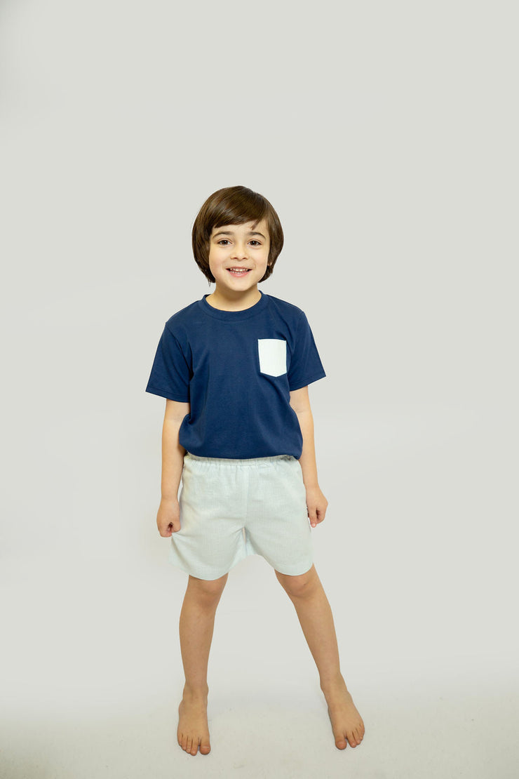 Boy Plain Short in Blue Stripe Linen (#19)