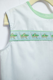 Tucker Ribbon Top in Blue Superfine Twill (#43) with Green Gingham (#7) and Grasshopper Ribbon (Trim V)