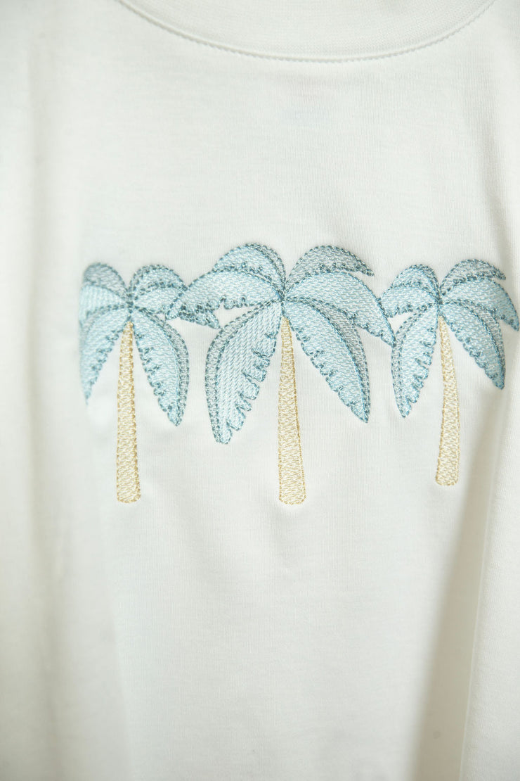 Boy Pima Tee in White with Blue Palm Embroidery