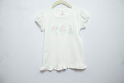 Pima Ruffle Tee in White with Pink Birthday Embroidery