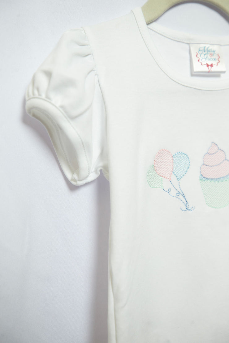 Pima Ruffle Tee in White with Pink Birthday Embroidery