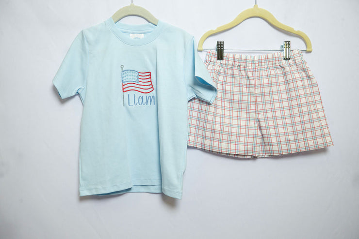 Boy Pima Tee in Blue with Flag Embroidery