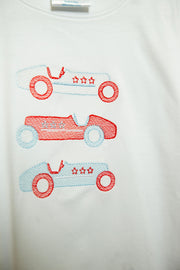 Boy Pima Tee in White with Vintage Racecar Embroidery